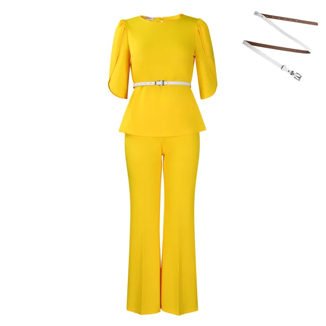 Top Wide Leg Pants Two piece Set European And American Suit Yellow Belt - Shop at LoveMi