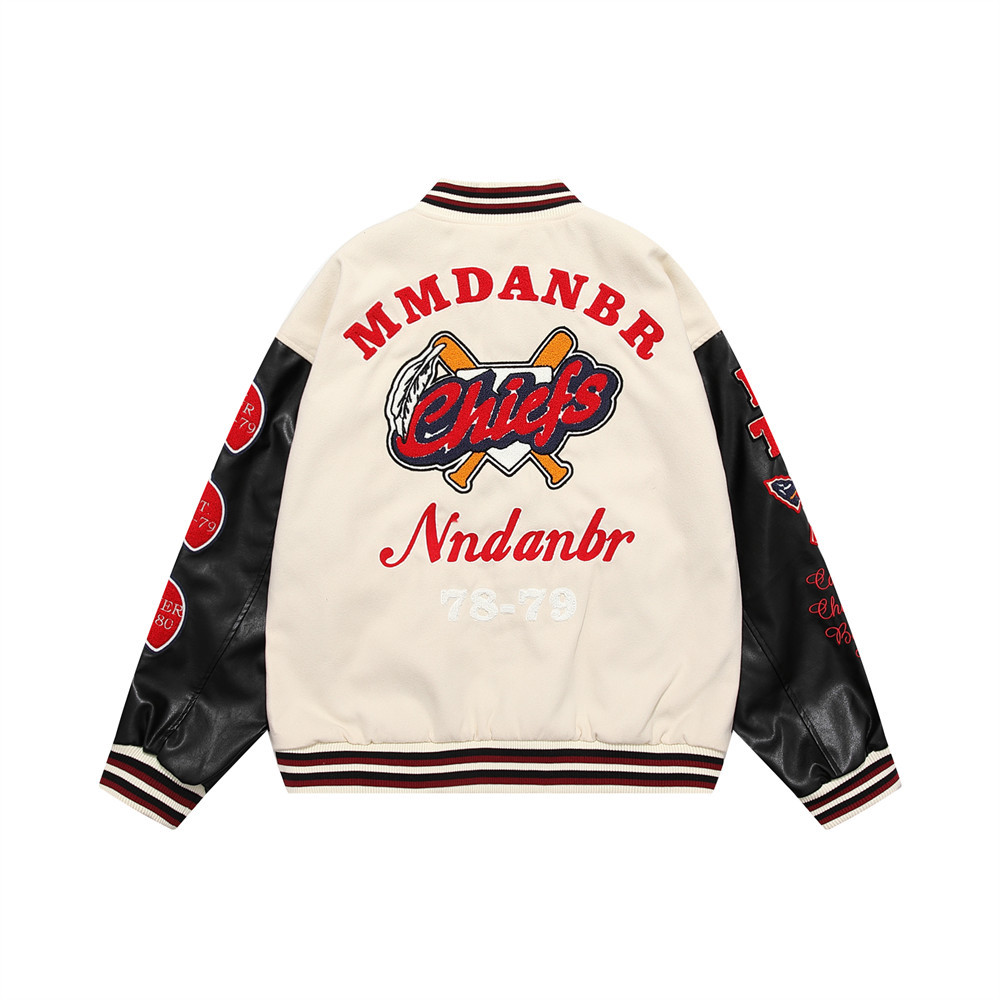 Color Contrast Patchwork PU Leather Sleeve Machine Embroidery Letter Baseball Uniform Jacket