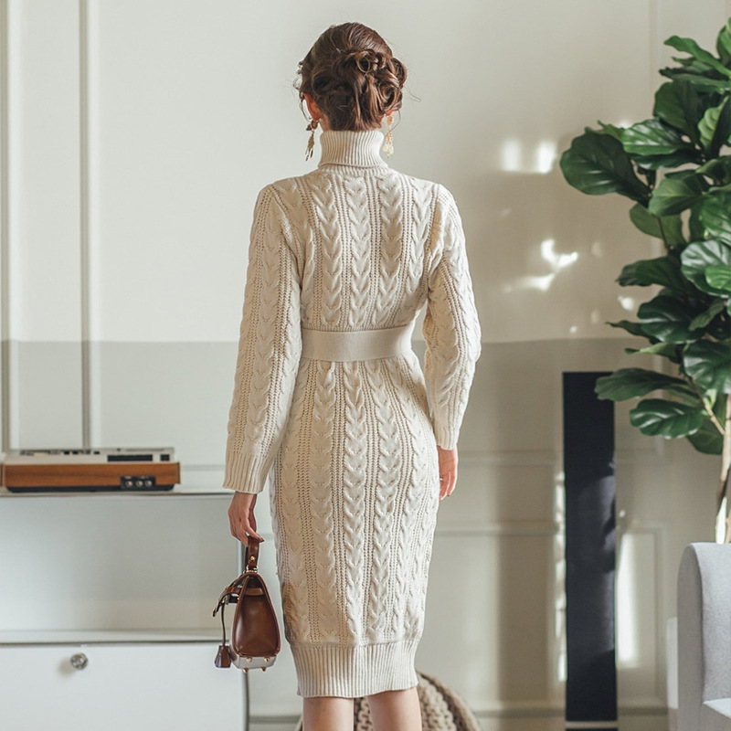 High-Collar Twist Lace-Up Sweater Dress