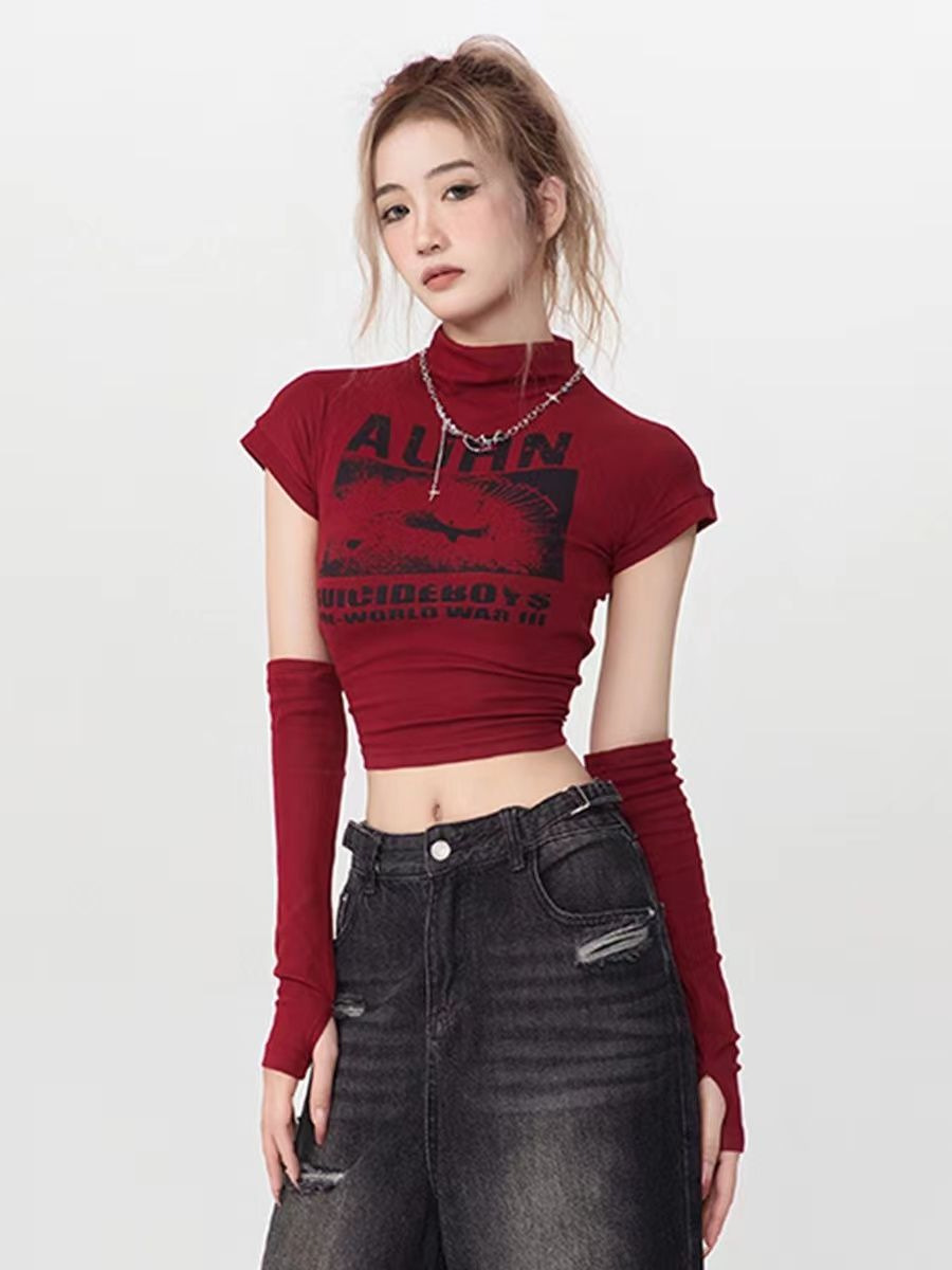 Retro Pile Style Half Turtleneck Short Sleeve T-shirt