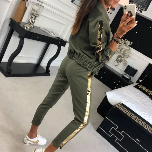 9536 European And American Autumn Fashion Casual Sequin Splicing Coat Trousers Sports Suit For Women Green - Shop at LoveMi