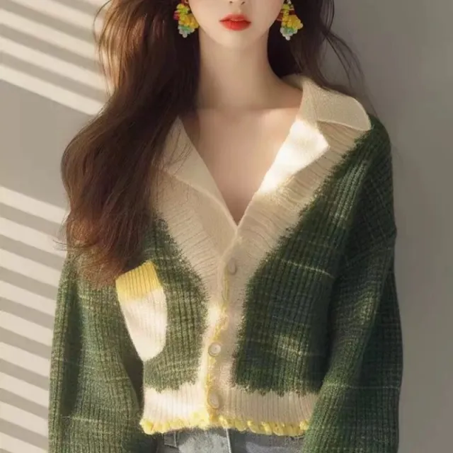 V neck Knitted Long Sleeves Cardigan Green Sweater Green - Shop at LoveMi