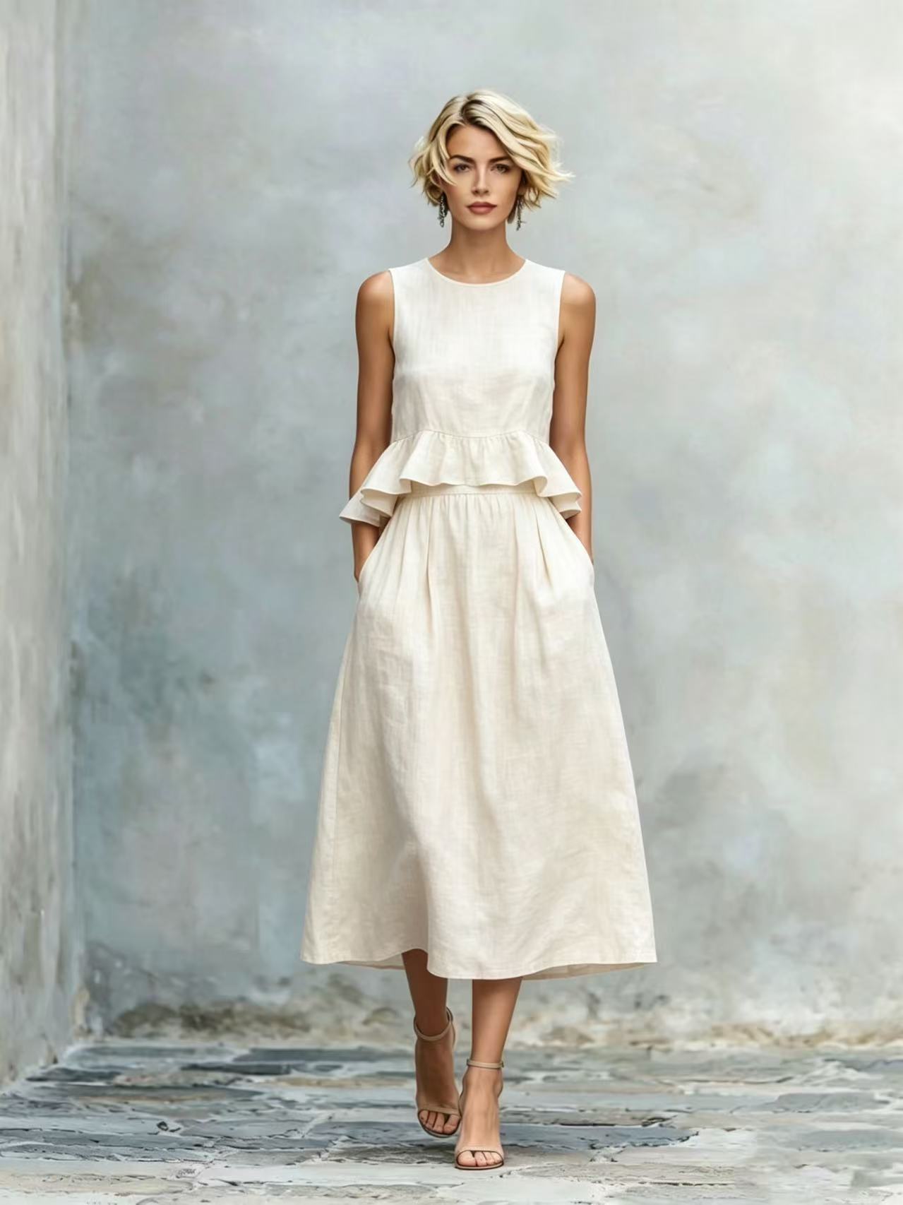 Women's Sleeveless High-Waist Ruffle Trim Maxi Dress in Apricot – front view resort style