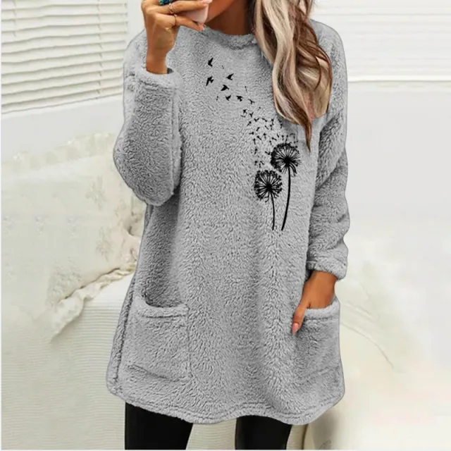 Women's Printed Round Neck Pullover Long Sleeve Pocket Double sided Velvet Sweatshirt Style1 M - Shop at LoveMi