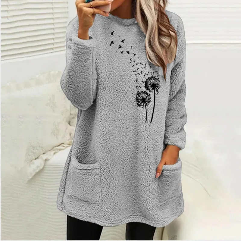 Women's Printed Round Neck Pullover Long Sleeve Pocket Double-sided Velvet Sweatshirt - Style1-M