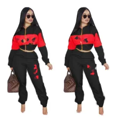 Casual Sports Two-color Stitching Printing Letter Long Sleeve Two-piece Set - Black And Red - View 1