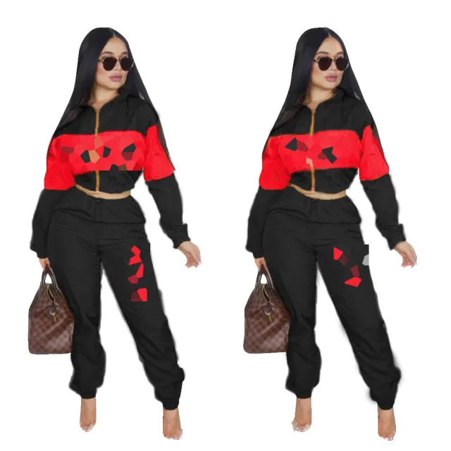 Casual Sports Two color Stitching Printing Letter Long Sleeve Two piece Set Black And Red - Shop at LoveMi