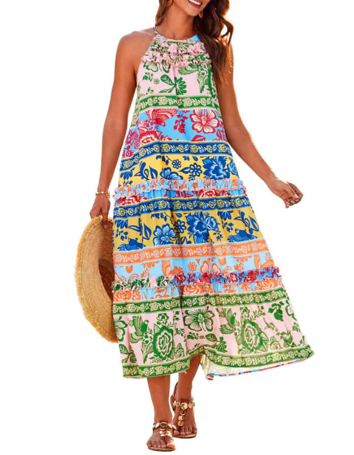 Fashionable Printed Contrast-Color Dress Womens Clothing