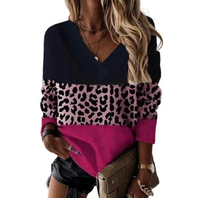 V neck Leopard Print Splicing Long Sleeve Sweatshirt Tops Red - Shop at LoveMi