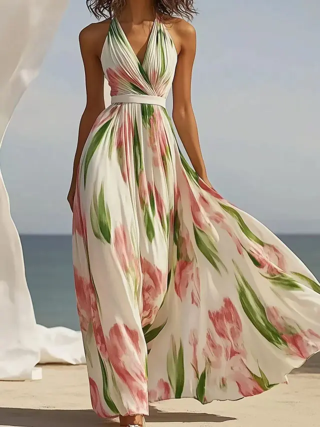 Summer New V neck Fashion Printed Sling Long Dress Milky White - Shop at LoveMi