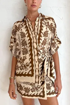 Women's Fashion Casual Homewear Short Sleeve Suit - Brown - View 1