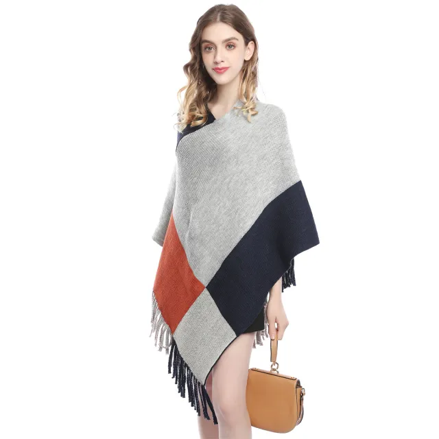 Fashion Women's Wear Color Contrast Patchwork Shawl Cape Knitted Blue - Shop at LoveMi