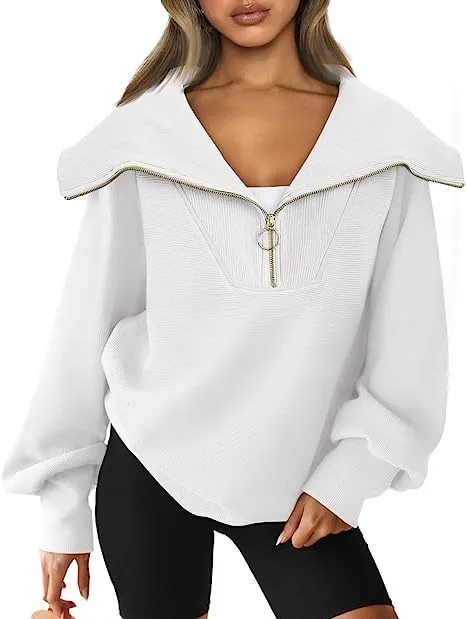Women's Oversized Half Zipper Pullover Sweater White - Shop at LoveMi