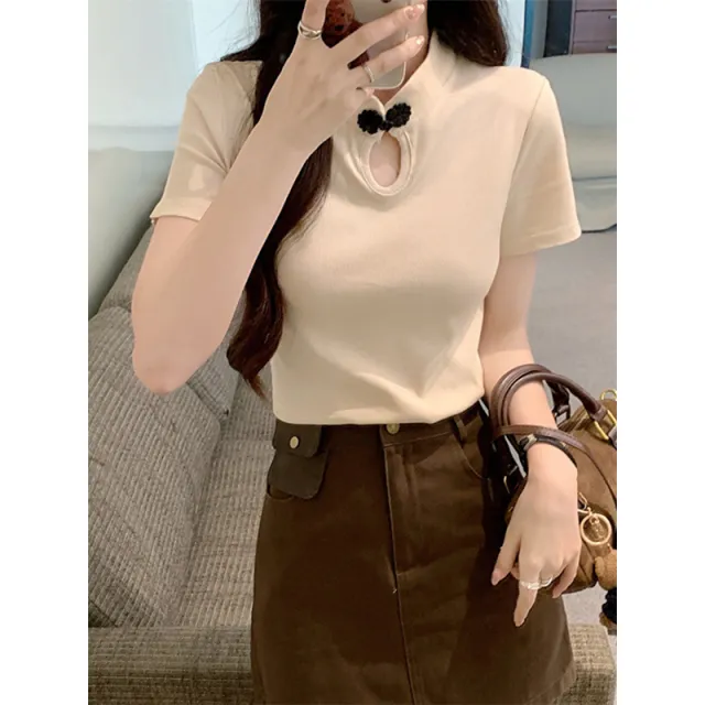 New Frog Button Short Sleeve T shirt Summer New National Style Apricot - Shop at LoveMi