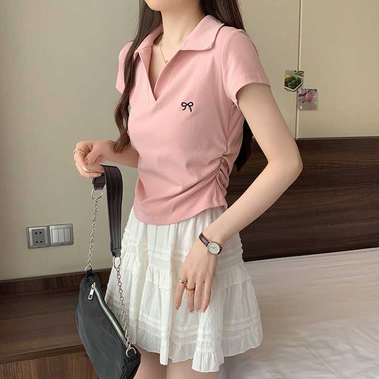 Ladies Bow Nipped-waist Short-sleeved T-shirt