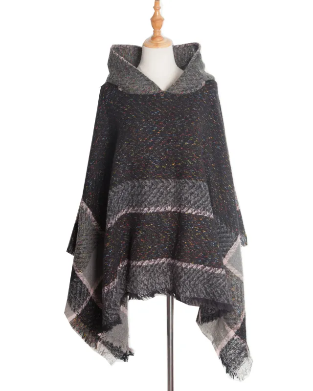 Fishbone Pattern Ladies Hooded Shawl Pullover Cloak Black - Shop at LoveMi