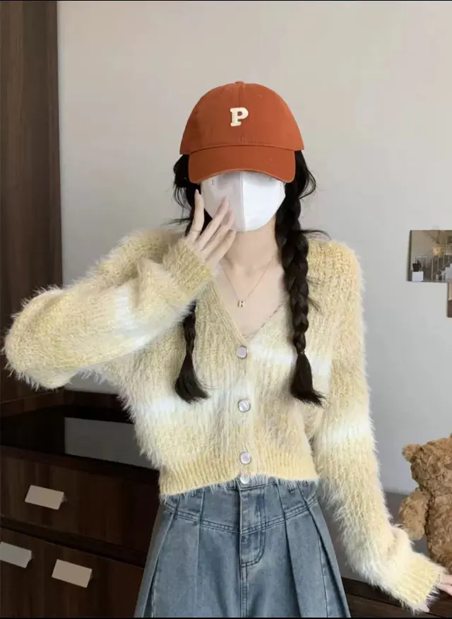 Gradient Color Autumn And Winter V neck Mink Sweater Coat Female Small Short Outer Wear Wool Knit Cardigan Yellow - Shop at LoveMi