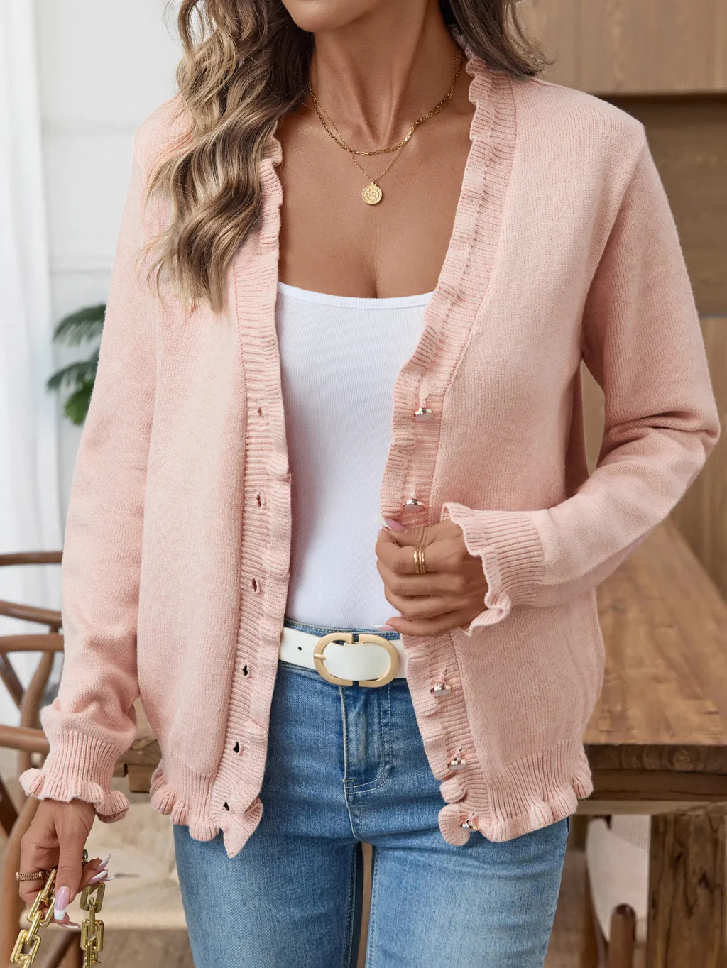 Fashion Elegant Wooden Ear Button Sweater Top - Lotus Pink