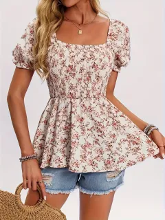 Women's Casual Square Neck Smocked Floral Vacation Blouse - Apricot - View 1