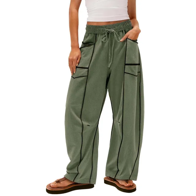 Y2K Black Striped Wide leg Pants With Pockets Fashion Loose Drawstring Trousers Sports Sweatpants Women's Clothing Army Green - Shop at LoveMi