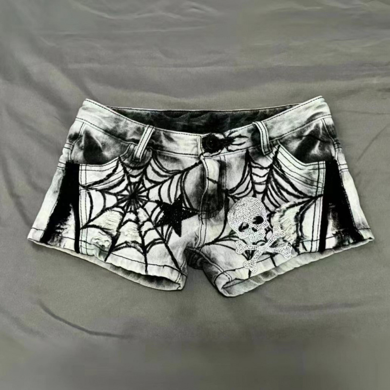 Womens American-style Spiderweb Print Diamond Skull And Star Denim Shorts