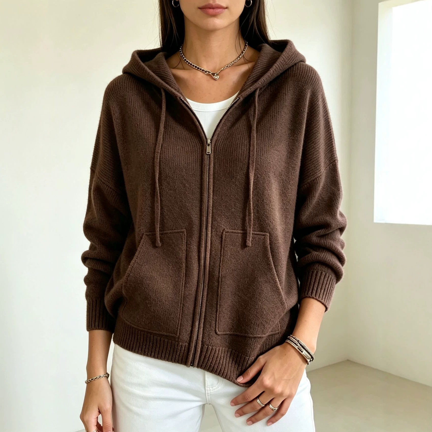 Solid-color Hooded Zip-up Loose-fit Knit Cardigan For Women 6