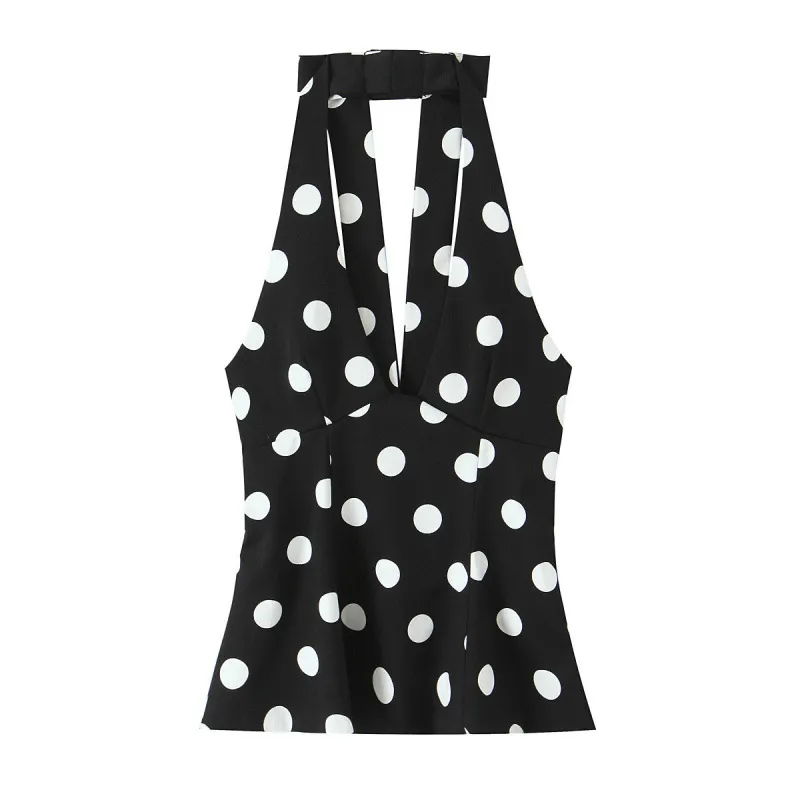 Women's Fashionable Polka-dot Halter-neck Top - Black