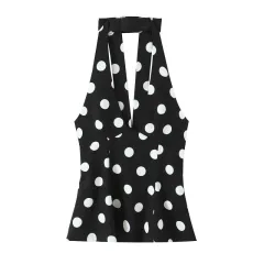 Women's Fashionable Polka-dot Halter-neck Top - Black - View 1