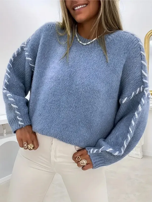 Spring And Autumn Fashion Solid Color Round Neck Long Sleeve Loose Knitted Sweater - Blue