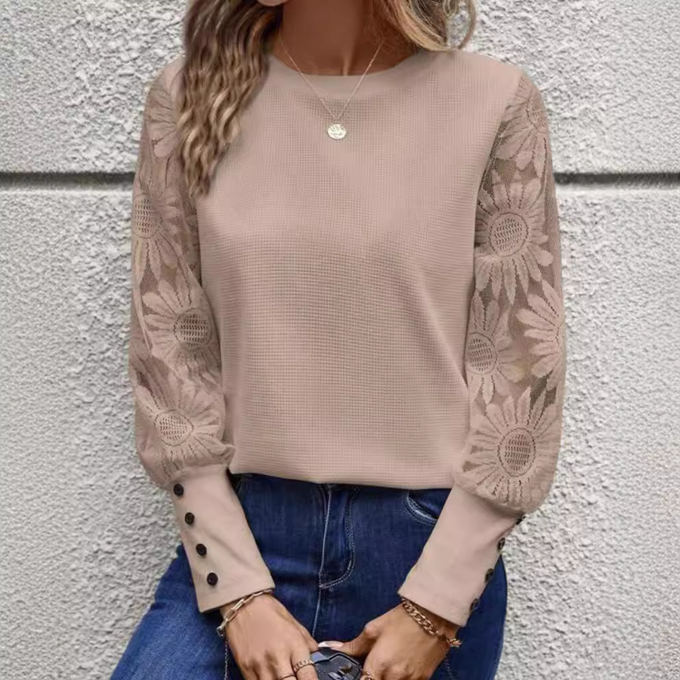 Solid Color Long Sleeve Embroidered Lace Stitching Waffle Crew Neck Top