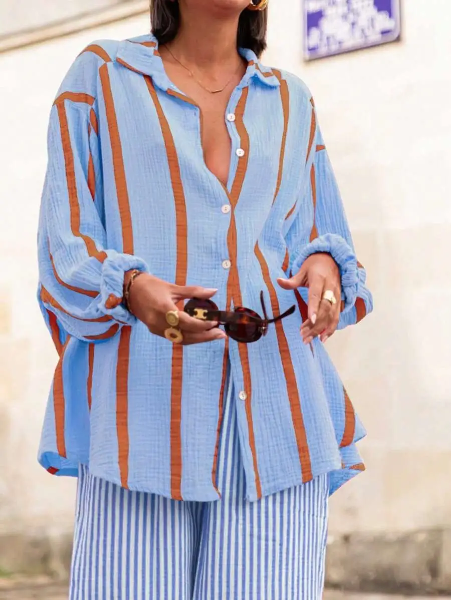New Womens Striped Long-sleeve Button-up Cardigan