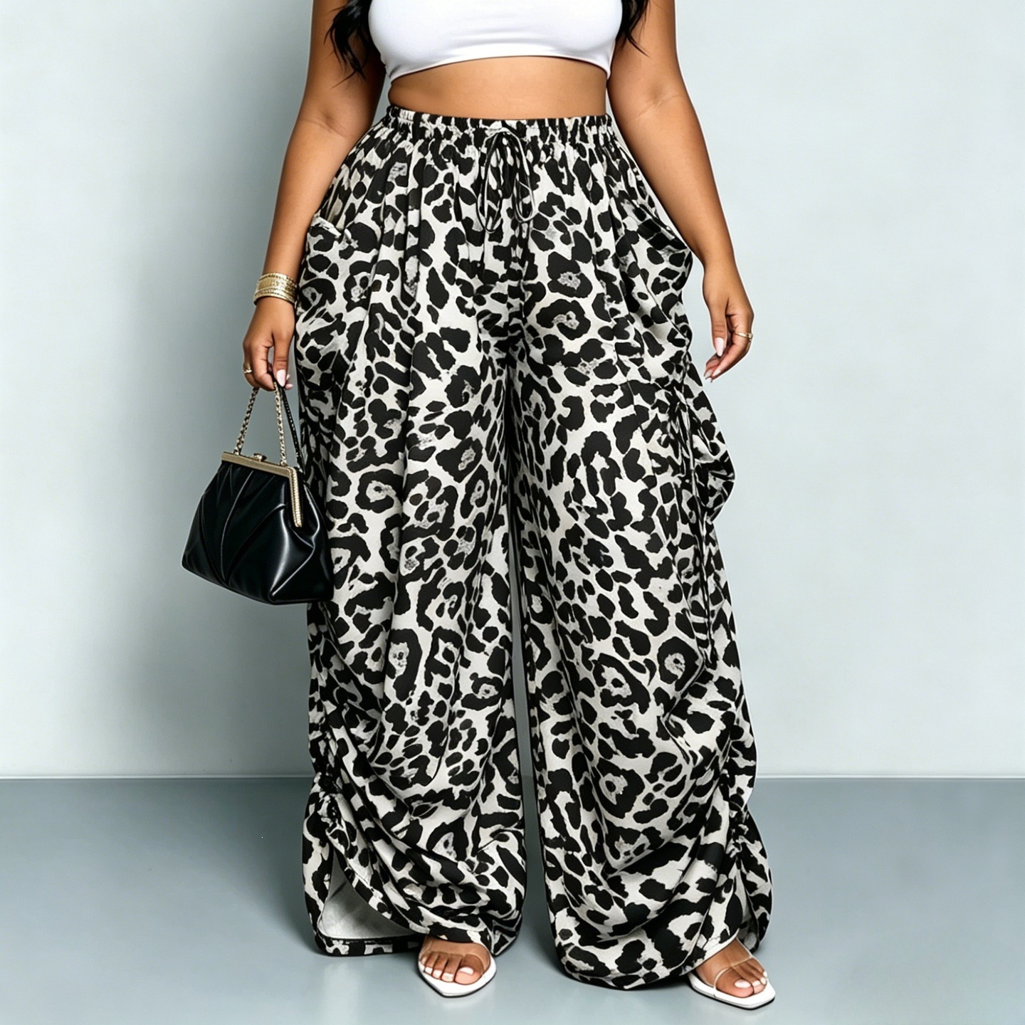 High-waisted Versatile Leopard-print Wide-leg Pants