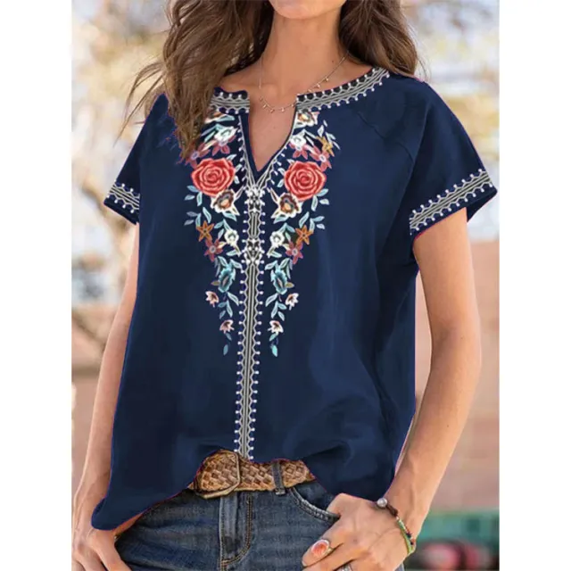 Summer New Ethnic Print Short Sleeve T shirt Top Women Blue - Shop at LoveMi