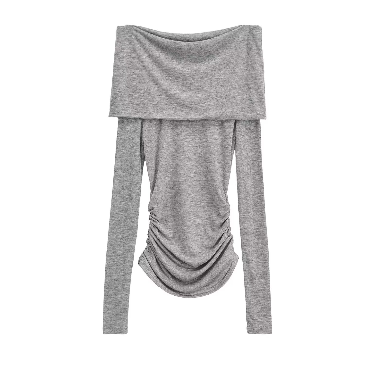 Pleated Micro-transparent Double-layer Off-shoulder Slim Fit Long-sleeved T-shirt