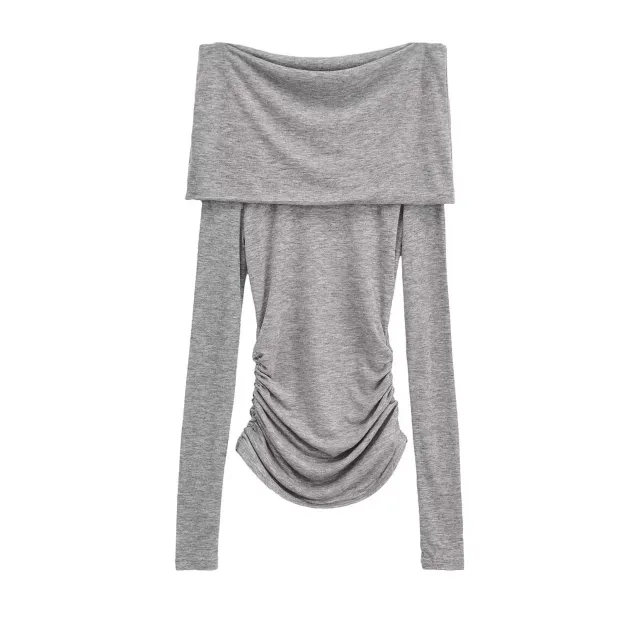 Pleated Micro transparent Double layer Off shoulder Slim Fit Long sleeved T shirt Flower Gray - Shop at LoveMi