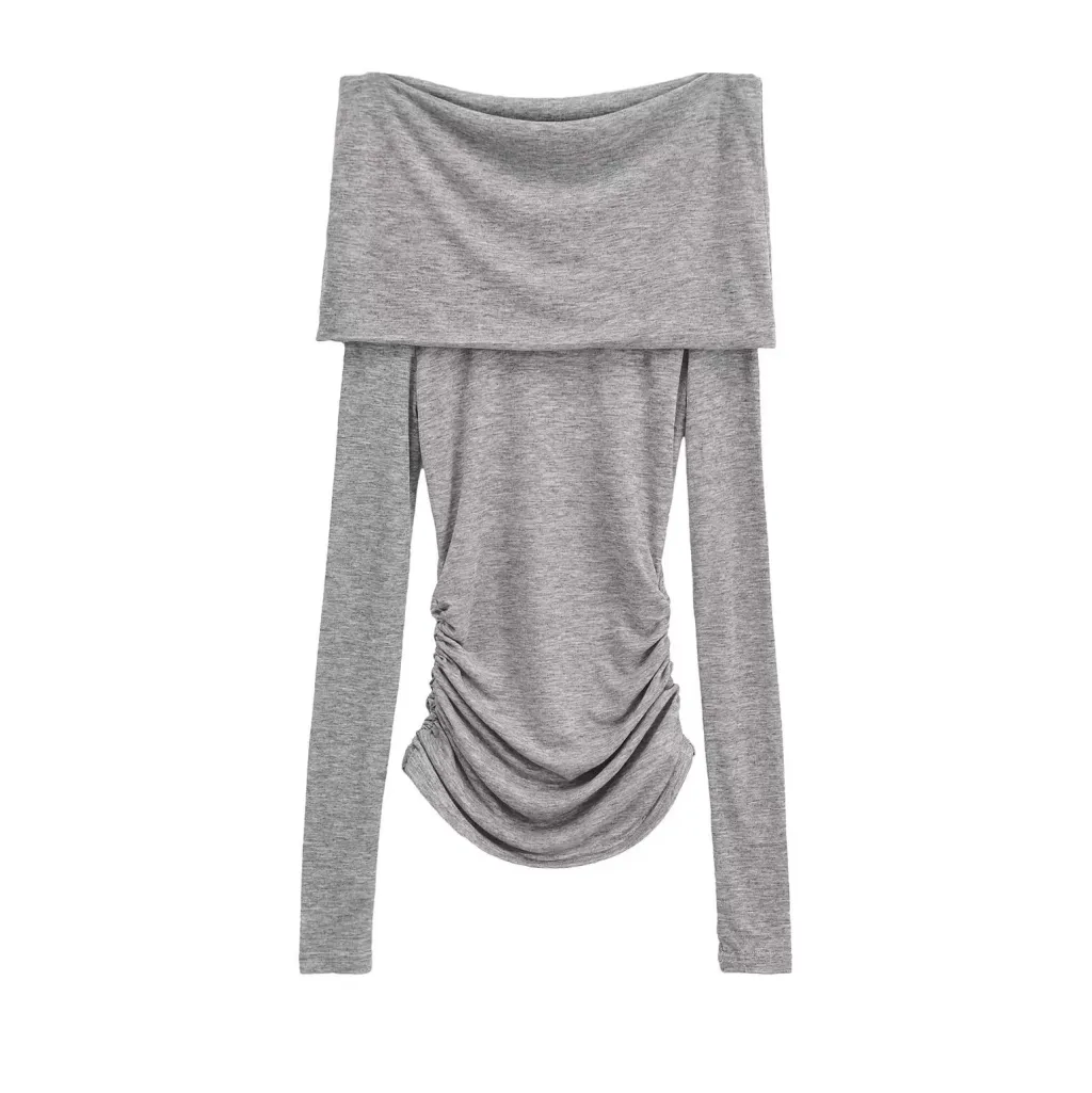 Pleated Micro-transparent Double-layer Off-shoulder Slim Fit Long-sleeved T-shirt - Flower Gray