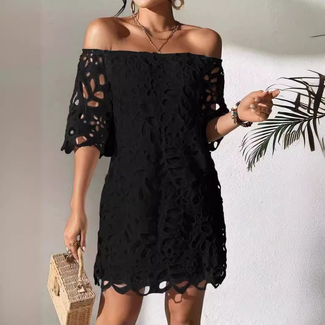 Women's Solid Color Tube Top One Shoulder Hollow Lace Dress Black - Shop at LoveMi
