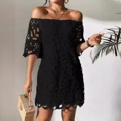 Women's Solid Color Tube Top One Shoulder Hollow Lace Dress - Black - View 1
