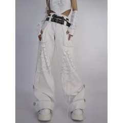 Asian Culture White Heavy Industry Double Waist Head Curling Overalls - White - View 1