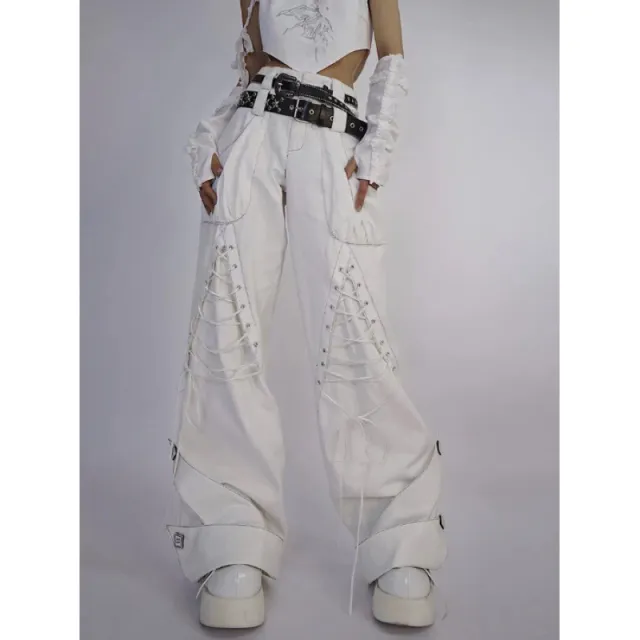 Asian Culture White Heavy Industry Double Waist Head Curling Overalls White - Shop at LoveMi