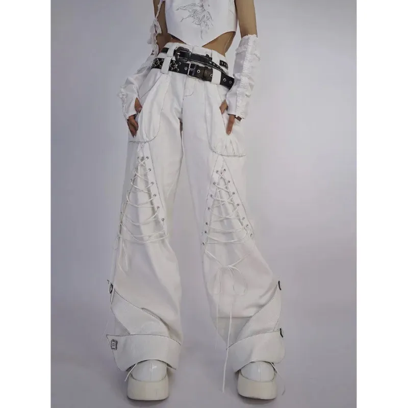 Asian Culture White Heavy Industry Double Waist Head Curling Overalls - White