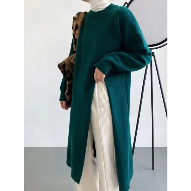 Autumn And Winter Loose Side Slit Long Knitted Sweater Dress Dark Green - Shop at LoveMi