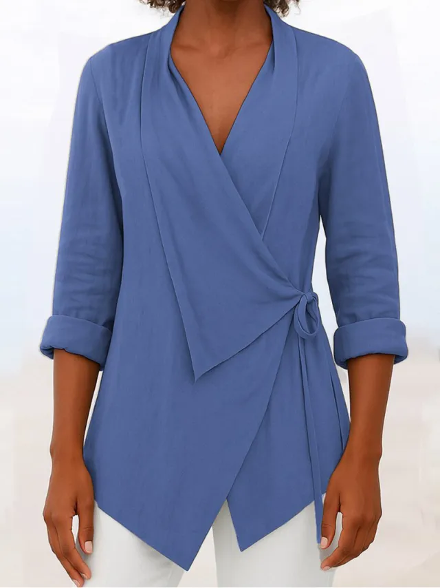 Women's Autumn And Winter V neck Cotton And Linen Solid Color Shirt Blue - Shop at LoveMi