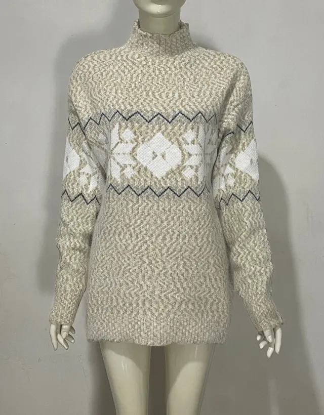 Embroidered Jacquard Pullover Loose Bottoming Shirt Mock Neck Sweater Coat Red - Shop at LoveMi