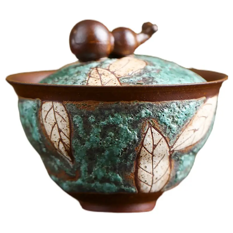 Stone-carved Gourd-shaped Lidded Bowl Rustic Earthenware Tea Set For Gongfu Tea Brewing