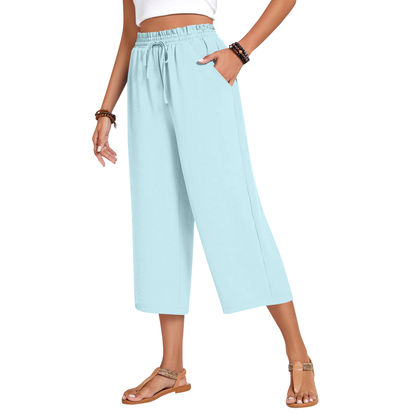 Solid-color Elastic-waist Drawstring Loose-fitting Wide-leg Pants