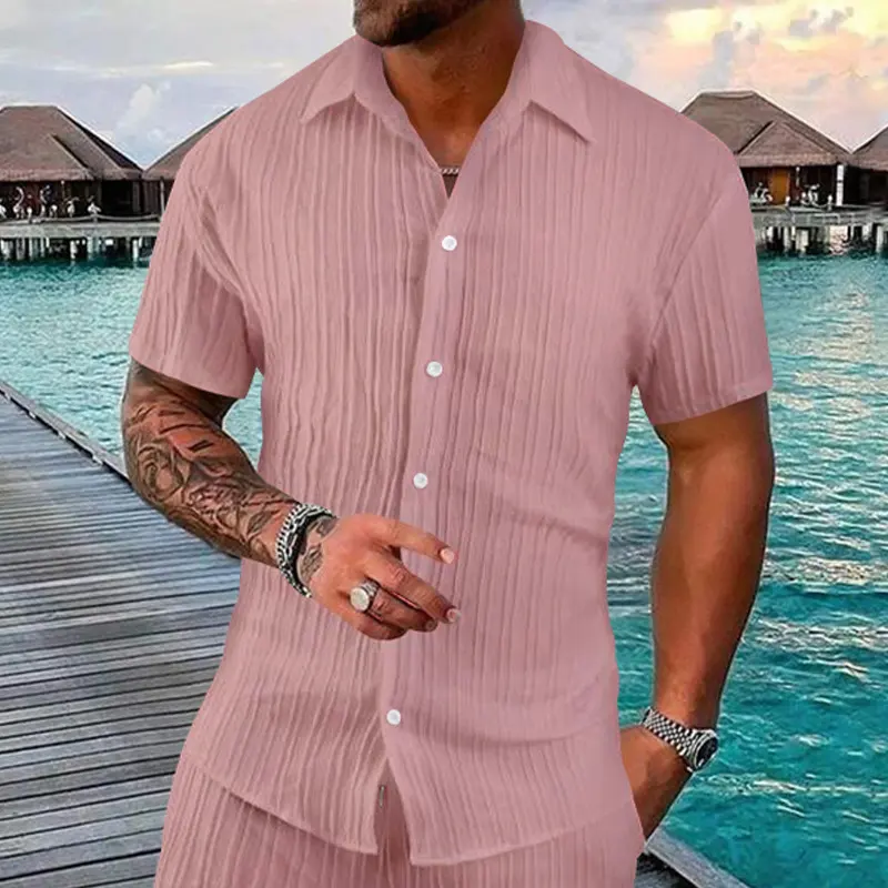 Polo Collar Solid Color Short Sleeve Button Men's Casual