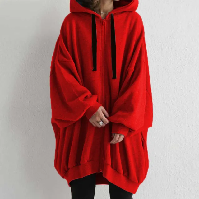 Women's Solid Color European And American Loose Sweater Fashion Hooded Zipper Red - Shop at LoveMi