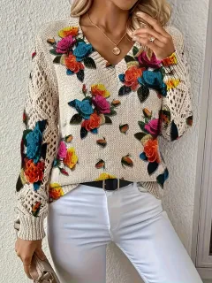 Elegant Bohemian Floral V-neck Long Sleeve Fashion Printed Sweater - Vt5 - View 1