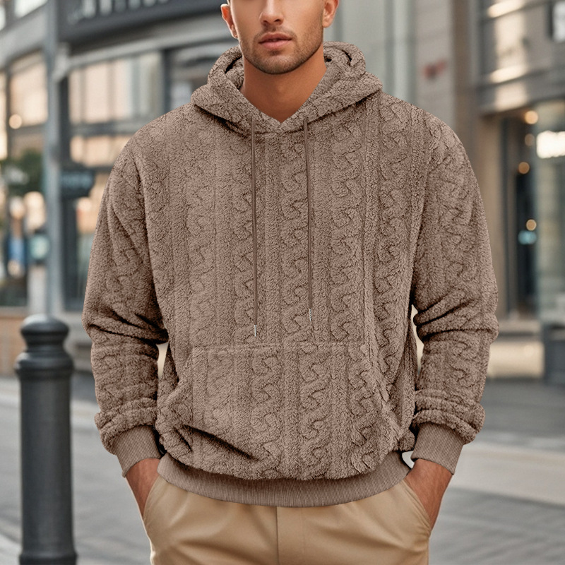 European And American Fall Winter Men Hooded Jacquard Teddy Plush Sports And Leisure Sweater